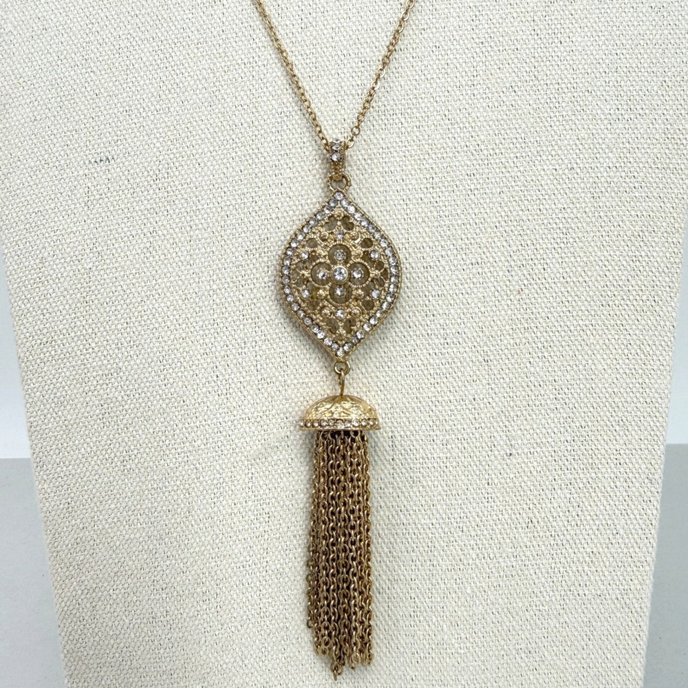 Rhinestone Moroccan Marquise Tassel Long‎ Pendant Necklace Boho Gold Tone